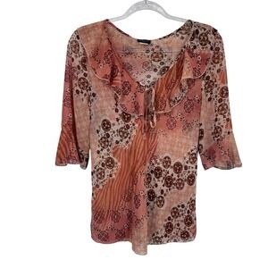 Vintage Y2K Michael K. USA Sheer Top Large Orange Polyester Ruffle Floral Fairy